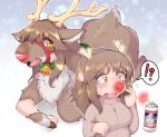  2019 antlers before_and_after bell bell_collar blush bodily_fluids breasts brown_body brown_fur capreoline cervid christmas clothing collar female feral fur hi_res holidays horn human human_to_feral mammal open_mouth red_nose reindeer shitsu_kushi-mono species_transformation surprise sweater tears topwear transformation 