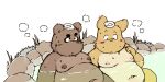  2014 2:1 anthro belly blush brown_body brown_fur canid canine duo fur humanoid_hands kemono male mammal moobs navel nipples overweight overweight_male raccoon_dog ruco tanuki towel water wet young 