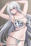  1girl armpits arms_behind_head arms_up aslindsamure azur_lane bangs banned_artist bare_shoulders blush bra breasts cleavage collarbone floral_print hair_between_eyes highres large_breasts long_hair looking_at_viewer mole mole_under_eye navel panties parted_lips purple_eyes silver_hair smile solo sovetskaya_rossiya_(azur_lane) stenciled_rose thighs underwear very_long_hair white_bra white_panties 