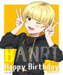  1boy argonavis_from_bang_dream! bang_dream! blonde_hair character_name double_v english_text happy_birthday hood hoodie male_focus mugi_(iccomae) one_eye_closed open_mouth shiroishi_banri simple_background smile solo v yellow_background 