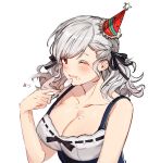  1girl birthday blush bow breasts cizzi cleavage collarbone dress girls_frontline hair_bow hair_ornament hair_ribbon hat large_breasts long_hair looking_at_viewer one_eye_closed open_mouth party_hat red_eyes ribbon silver_hair smile solo spas-12_(girls_frontline) white_background 