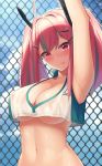  1girl absurdres areolae armpits arms_up azur_lane bangs blush breasts bremerton_(azur_lane) bremerton_(scorching-hot_training)_(azur_lane) chain-link_fence cleavage commentary crop_top crop_top_overhang eyebrows_visible_through_hair fence grey_hair hair_between_eyes hair_ornament hairclip head_tilt highres large_breasts long_hair milk_box_(leoleo963852741) mole mole_under_eye multicolored_hair navel no_bra nose_blush outdoors pink_hair see-through shiny shiny_skin shirt sleeveless sleeveless_shirt sportswear streaked_hair tennis_uniform tongue tongue_out twintails two-tone_shirt underboob upper_body x_hair_ornament 