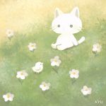  ayu_(mog) bird blush cat cat_focus flower grass green_theme highres hill limited_palette no_humans oral original sitting white_flower 