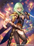  1girl black_gloves breasts byleth_(fire_emblem) byleth_(fire_emblem)_(female) center_opening closed_mouth coin company_name copyright_name fingerless_gloves fire_emblem fire_emblem:_three_houses fire_emblem_cipher fuji_choko gloves green_eyes green_hair holding holding_sword holding_weapon official_art pantyhose solo sword treasure_chest weapon 