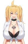  1girl ahoge bangs black_bra blonde_hair blush bra bra_through_clothes breasts brown_eyes choker cleavage collared_shirt eyebrows_visible_through_hair fang hair_between_eyes heart highres huge_breasts kirome_(kamipaper) long_hair looking_at_viewer one_eye_closed open_mouth original saaya_(kirome) shirt skull_necklace smile solo tied_shirt twintails unbuttoned unbuttoned_shirt underwear white_shirt 