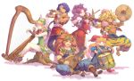  3boys 3girls abs angela_(seiken_densetsu_3) animal_print arm_strap armlet blonde_hair blue_hair boots brown_hair charlotte_(seiken_densetsu_3) closed_eyes cymbals dark_skin drum drumming drumsticks duran_(seiken_densetsu_3) earrings flute gloves grin haccan harp hat hawkeye_(seiken_densetsu_3) headband headgear highres instrument jester_cap jewelry kevin_(seiken_densetsu_3) long_hair long_sleeves looking_at_viewer multiple_boys multiple_girls music official_art one_eye_closed open_mouth pauldrons pointy_ears purple_hair riesz seiken_densetsu seiken_densetsu_3 sitting sleeveless sleeveless_jacket smile tiger_print transparent_background tree_stump violin 