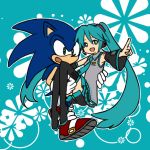  2013 abstract_background anthro black_clothing black_legwear blue_background blue_body blue_fur blue_hair bottomwear bridal_carry bukikobuta carrying clothing crossover duo eulipotyphlan female footwear fur gesture gloves green_eyes hair handwear hatsune_miku hedgehog human legwear male mammal open_mouth open_smile pointing shoes simple_background skirt smile sonic_the_hedgehog sonic_the_hedgehog_(series) vocaloid 