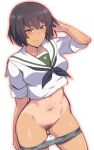  1girl ass_visible_through_thighs blush bottomless brown_hair character_request commentary_request dutch_angle em_(totsuzen_no_hakike) girls_und_panzer green_eyes hand_in_hair ooarai_school_uniform pubic_hair school_uniform smile solo tan tanline thighs white_background 