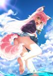  1girl animal_ear_fluff animal_ears ass barefoot blue_skirt blue_sky cloud day fang feet gorudazo highres long_hair long_sleeves looking_at_viewer miniskirt multicolored_hair murenase!_shiiton_gakuen neckerchief no_panties okami_ranka open_mouth outdoors pink_hair pleated_skirt school_uniform serafuku shiiton_gakuen_school_uniform skirt sky smile soles solo sparkle splashing sun tail two-tone_hair wading water white_hair wolf_ears wolf_girl wolf_tail yellow_eyes 