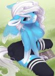  2020 anthro areola blue_eyes book breasts clothed clothing digital_media_(artwork) equid equine evehly fan_character feathered_wings feathers female grass hair hi_res icy_heart looking_at_viewer mammal my_little_pony nipples pterippus smile solo topless white_hair wings 