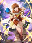  1girl blue_eyes brown_hair company_name copyright_name fire_emblem fire_emblem:_path_of_radiance fire_emblem_cipher full_body holding holding_staff long_hair mayo_(becky2006) mist_(fire_emblem) official_art open_mouth outdoors petals short_sleeves sky solo staff tree 