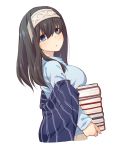  1girl bangs black_hair blue_eyes blue_shirt blush book book_stack breast_rest breasts carried_breast_rest cropped_torso eyebrows_visible_through_hair grey_hairband hair_between_eyes hairband holding holding_book idolmaster idolmaster_cinderella_girls long_hair long_sleeves looking_at_viewer looking_to_the_side medium_breasts parted_lips sagisawa_fumika shawl shirt simple_background sleeves_past_wrists solo ushi white_background 