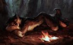  anthro campfire canid canine crossed_arms lying male mammal night nude on_front simargl solo were werecanid werecanine werewolf 