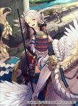  1girl 2boys armor blonde_hair blue_eyes braid brown_hair company_name copyright_name fire_emblem fire_emblem_cipher fire_emblem_fates hairband holding kurosawa_tetsu leo_(fire_emblem) long_hair multiple_boys nina_(fire_emblem) official_art one_eye_closed open_mouth pegasus pegasus_knight riding short_hair solo_focus takumi_(fire_emblem) twin_braids white_hair 