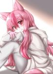 2020 anthro brand_new_animal canid canine clothed clothing cute_fangs female fingers fluffy fluffy_tail fox fur hair hi_res horokusa0519 inner_ear_fluff long_hair looking_at_viewer mammal nazuna_hiwatashi pink_body pink_fur pink_hair red_eyes sitting solo studio_trigger translucent translucent_hair tuft white_fyr 