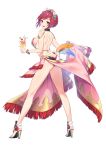  1girl bikini braid breasts feathers flower french_braid full_body hair_flower hair_ornament high_heels highres holding_drink idola_phantasy_star_saga looking_at_viewer official_art open_mouth phantasy_star red_eyes red_hair sarong sideboob solo standing swimsuit 