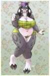  2:3 abstract_background alternate_species anthro belly big_breasts blizzie_(touchofsnow) bottomwear bovid breasts caprine clothing female goat hi_res hotpants mammal navel plaid shorts slightly_chubby smile solo thick_thighs touchofsnow 