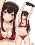  akagi_(kantai_collection) alternate_costume artist_name blush bra breasts brown_eyes brown_hair cleavage highres kantai_collection large_breasts long_hair looking_at_viewer midriff multiple_views navel panties pethimon pout red_bra red_panties ring-con ring_fit_adventure simple_background standing straight_hair underwear underwear_only white_background 
