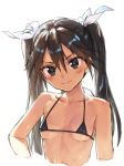  1girl absurdres bangs bare_shoulders bikini black_bikini blush breasts brown_hair cleavage closed_mouth collarbone commentary_request eyebrows_visible_through_hair green_eyes hair_between_eyes hair_ribbon highres kantai_collection kawakami_rokkaku long_hair looking_at_viewer ribbon simple_background sketch small_breasts smile solo swimsuit tone_(kantai_collection) twintails upper_body wet white_background 