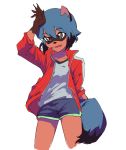  2020 5_fingers anthro black_body black_fur black_hair blue_body blue_eyes blue_fur blue_hair bottomwear brand_new_animal brown_body brown_fur canid canine clothed clothing female fingers fluffy fluffy_tail fur hair jacket mammal michiru_kagemori miol_(user_ynra3743) multicolored_body multicolored_fur multicolored_hair open_jacket raccoon_dog short_hair shorts solo studio_trigger tanuki topwear 