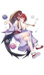  1girl balloon black_wings bubble crossed_legs feathered_wings full_body hat highres holding holding_pipe japanese_clothes kimono long_sleeves looking_at_viewer low_wings off_shoulder official_art open_mouth pipe red_hair shirohime_quest solo transparent_background wings yukata 