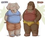  2016 anthro ape belly blush bottomwear bulge clothing duo elephant elephantid gorilla haplorhine kemono male mammal overweight overweight_male primate proboscidean ruco shirt shorts topwear 