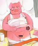  2018 anthro balls bed belly blush censored clothing detailed_background domestic_pig furniture genitals humanoid_hands kemono male mammal moobs overweight overweight_male penis pink_body ruco shirt solo suid suina sus_(pig) topwear 