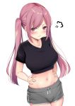  1girl bangs black_shirt blush boyshorts breasts closed_mouth collarbone commentary_request cowboy_shot grey_shorts hands_on_hips large_breasts looking_at_viewer minato_yu navel original pout purple_hair red_eyes shirt short_sleeves shorts sidelocks solo stomach swept_bangs twintails 
