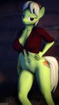  3d_(artwork) 9:16 absurd_res aged_down anthro barely_visible_genitalia barely_visible_pussy bedroom_eyes big_breasts bottomless breasts clothed clothing digital_media_(artwork) equid equine female foxventus friendship_is_magic genitals granny_smith_(mlp) green_body hand_on_hip hi_res horse looking_at_viewer mammal my_little_pony narrowed_eyes pony pussy seductive solo 