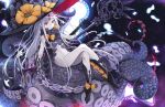  abigail_williams_(fate/grand_order) bangs bare_shoulders black_bow black_headwear bow breasts cloudy.r crossed_legs fate/grand_order fate_(series) feet forehead glowing glowing_eye hat highres key keyhole legs long_hair multiple_bows navel no_panties orange_bow parted_bangs parted_lips pink_eyes sitting small_breasts space staff star star_(sky) star_print tentacles third_eye very_long_hair white_hair white_skin witch_hat 