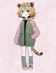  1girl :&lt; animal_ears arm_at_side ayu_(mog) bangs brown_footwear character_request closed_mouth full_body green_eyes green_jacket grey_legwear hand_in_pocket jacket kemono_friends leg_warmers long_sleeves looking_at_viewer pigeon-toed pink_background raglan_sleeves shoes sleeves_past_wrists solo standing tail 