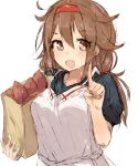  1girl alchera bag black_blouse blouse brown_eyes brown_hair dress food hair_flaps hairband index_finger_raised kantai_collection long_hair looking_at_viewer low_twintails orange_hairband paper_bag remodel_(kantai_collection) shiratsuyu_(kantai_collection) simple_background smile solo sweet_potato twintails upper_body white_background white_dress 
