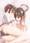  2girls :o animal_ears ass bangs black_panties blush bow breasts brown_eyes brown_hair cat_ears cat_girl cat_tail downblouse eyebrows_visible_through_hair hair_bow highres kamakama_(kdmorh_kamakama) long_hair looking_at_another looking_back medium_breasts medium_hair multiple_girls no_bra no_pants original panties pink_bow ponytail shirt short_sleeves t-shirt tail thighs underwear white_shirt yuri 