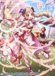  2girls black_bow blonde_hair blue_sky bow cherry_blossoms closed_mouth company_name copyright_name dress earrings elise_(fire_emblem) fire_emblem fire_emblem_cipher fire_emblem_fates fumi_(butakotai) grass hair_bow hairband holding holding_staff instrument japanese_clothes jewelry koto_(instrument) long_hair multicolored_hair multiple_girls official_art open_mouth outdoors petals pink_eyes pink_hair purple_eyes sakura_(fire_emblem) short_hair sky staff tree twintails umbrella white_hairband 