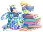  2boys :d bangs belt belt_buckle black_footwear black_gloves black_hair blonde_hair blue_cape book_stack boots breastplate brown_belt brown_eyes buckle cape character_name chibi commentary_request eyebrows_visible_through_hair fate/grand_order fate/zero fate_(series) fingerless_gloves fionn_mac_cumhaill_(fate/grand_order) gae_buidhe gae_dearg gloves green_eyes hagino_kouta hair_between_eyes highres jar knee_boots lancer_(fate/zero) long_hair male_focus marble miniboy mole mole_under_eye multiple_boys open_mouth polearm smile sparkle spear standing sweat trembling twitter_username v-shaped_eyebrows very_long_hair water watering watering_can weapon white_background 