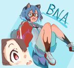  anthro atsuko_kagari black_body black_fur black_hair blue_body blue_eyes blue_fur blue_hair bottomwear brand_new_animal brown_body brown_fur brown_hair canid canine clothed clothing duo female fluffy fluffy_tail footwear fur hair hanaki_(user_rvew2588) hi_res human jacket little_witch_academia mammal michiru_kagemori multicolored_body multicolored_fur multicolored_hair open_jacket open_mouth pink_eyes raccoon_dog shoes short_hair shorts studio_trigger tanuki topwear 