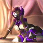  1:1 2020 5_fingers anthro black_body black_fur canid canine canis clothed clothing digital_media_(artwork) domestic_dog excitedcargoyle eyes_closed female fingers fur hair hi_res mammal navel pink_nose purple_hair smile solo 
