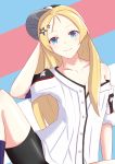 1girl absurdres arm_behind_head azur_lane bangs baseball_cap baseball_uniform bike_shorts blonde_hair blue_background blue_eyes bogue_(azur_lane) breasts chinese_commentary commentary_request cowboy_shot fang hair_ornament hairclip hat head_tilt highres jersey knee_up long_hair looking_at_viewer multicolored multicolored_background off-shoulder_shirt off_shoulder partially_unbuttoned pink_background purple_legwear shirt short_sleeves sidelocks simple_background sitting skin_fang small_breasts smile socks solo sportswear star star_hair_ornament star_print white_background white_shirt x_xuuu~ 