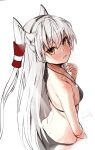  1girl amatsukaze_(kantai_collection) ass ass_visible_through_thighs bikini black_bikini breasts brown_eyes hair_tubes highres kantai_collection long_hair looking_at_viewer silver_hair simple_background small_breasts solo swimsuit takanashi_kei_(hitsujikan) two_side_up white_background windsock 