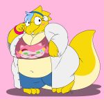  alphys anthro barefoot belly belly_overhang big_belly big_breasts big_tail blue_hair blush bottomwear bracelet breasts buckteeth cleavage clothed clothing coat crop_top earmuffs eyewear female glasses hair head_tuft hi_res huge_breasts huge_hips huge_thighs jewelry jouigidragon lab_coat looking_at_viewer midriff multicolored_body multicolored_scales navel nipple_outline non-mammal_breasts obese obese_female overweight overweight_female pants pigeon_toed reptile scales scalie shirt smile solo standing teeth thick_tail thick_thighs three-quarter_view topwear tuft two_tone_body two_tone_scales undertale video_games wide_hips yellow_body yellow_scales 
