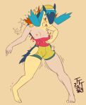  2019 anthro blush bottomwear breasts clothing female hi_res looking_down nintendo nipples open_mouth pok&eacute;mon pok&eacute;mon_(species) shorts simple_background solo thetransformtentacle torn_clothing transformation typhlosion video_games 