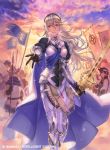  1girl armor black_gloves black_hairband blue_cape cape cloud company_name copyright_name corrin_(fire_emblem) corrin_(fire_emblem)_(female) fgo_ave fire_emblem fire_emblem_cipher fire_emblem_fates gloves hairband helmet holding holding_sword holding_weapon long_hair official_art outdoors parted_lips pointy_ears polearm red_eyes shield short_hair sky solo_focus sword weapon white_hair 