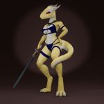  1:1 2020 3_toes 3d_(artwork) absurd_res anthro bikini bikini_bottom bikini_top blue_clothing breasts clothing digital_media_(artwork) female hi_res horn lizard looking_at_viewer melee_weapon multicolored_body navel red_background red_eyes reptile scales scalie simple_background solo swimwear sword toes waeverstan weapon yellow_body yellow_scales 