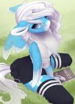  2020 anthro blue_body blue_eyes blue_feathers clothed clothing day detailed_background digital_media_(artwork) equid equine evehly fan_character feathered_wings feathers female grass hi_res icy_heart mammal my_little_pony outside pterippus smile solo wings 