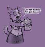  anthro breasts business_suit canid canine canis clothing dialogue domestic_dog english_text eyewear female fur glasses herding_dog hi_res mammal open_mouth pastoral_dog redacted simple_background solo suit text welsh_corgi 