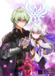  1boy 1girl absurdres byleth_(fire_emblem) byleth_(fire_emblem)_(male) cloak dress emblem fire_emblem fire_emblem:_three_houses glowing glowing_weapon green_eyes green_hair hand_on_another&#039;s_hand highres huge_filesize long_hair looking_at_viewer lysithea_von_ordelia oroshipon_zu red_eyes serious shaded_face silver_hair sword sword_of_the_creator veil weapon 
