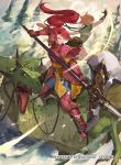  2girls animal_ears armor axe brown_gloves cat_ears closed_mouth company_name copyright_name dragon fire_emblem fire_emblem:_path_of_radiance fire_emblem_cipher from_side gloves holding holding_axe jill_(fire_emblem) kureta_(nikogori) lethe_(fire_emblem) long_hair multiple_girls official_art open_mouth orange_hair ponytail purple_eyes red_hair riding short_hair wyvern 