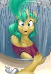  2017 anthro blue_eyes breasts clothing equid female female_pov first_person_view green_hair hair halcy0n hi_res horn looking_at_viewer mammal mirror open_mouth shirt sink solo surprise topwear unicorn wet yellow_body 