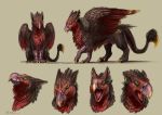  2020 ambiguous_gender avian beak digital_media_(artwork) feathered_wings feathers feral green_eyes gryphon model_sheet mythological_avian mythology open_mouth red_body red_feathers rhaenjarr solo standing tongue wings 