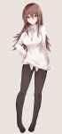  1girl black_legwear blush breasts brown_eyes brown_hair eyebrows_visible_through_hair full_body grey_background highres jewelry kinona large_breasts long_hair looking_at_viewer necklace no_pants no_shoes original pantyhose shirt simple_background solo sweater white_shirt white_sweater 